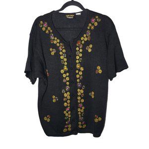 Vintage Walmart Trimmings Black Button Down Beaded Short Sleeve Sweater Large